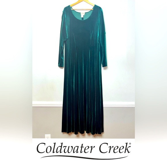 Vintage Coldwater Creek Dress Green Velvet Maxi Velour Holidays Flowy Forest 2X - Picture 1 of 5